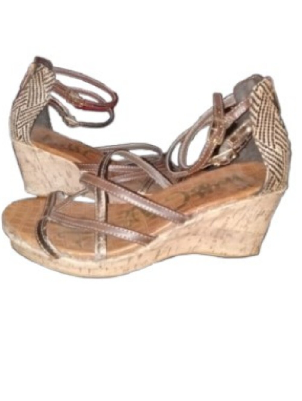 Cork Wedge Heels Open Toe with Metallic Straps Size 5.5